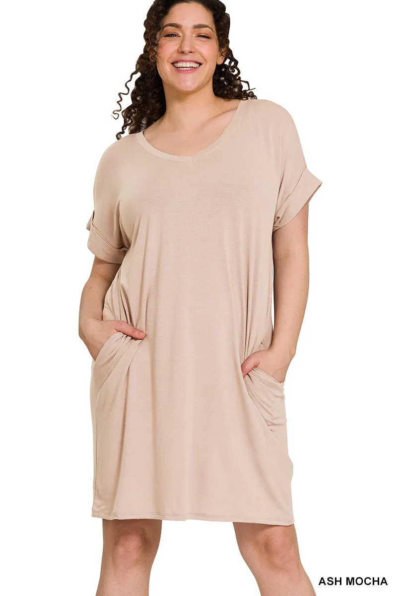 Plus Rolled Short Sleeve V-Neck Dress