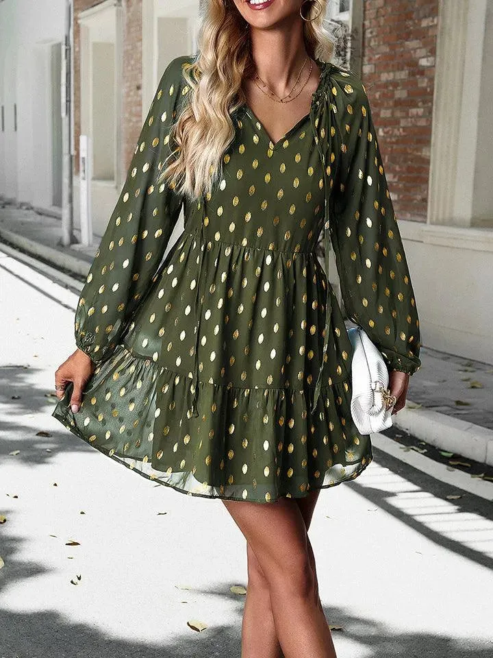 Polka Dot Tie Neck Long Sleeve Dress | Perfect for Any Occasion