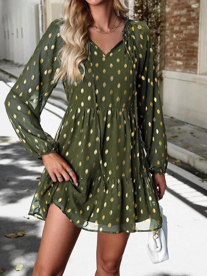 Polka Dot Tie Neck Long Sleeve Dress | Perfect for Any Occasion