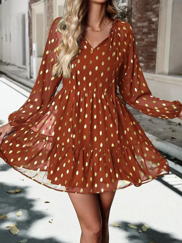 Polka Dot Tie Neck Long Sleeve Dress | Perfect for Any Occasion