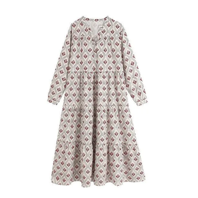 PRINT PLEATED LOOSE MIDI DRESS