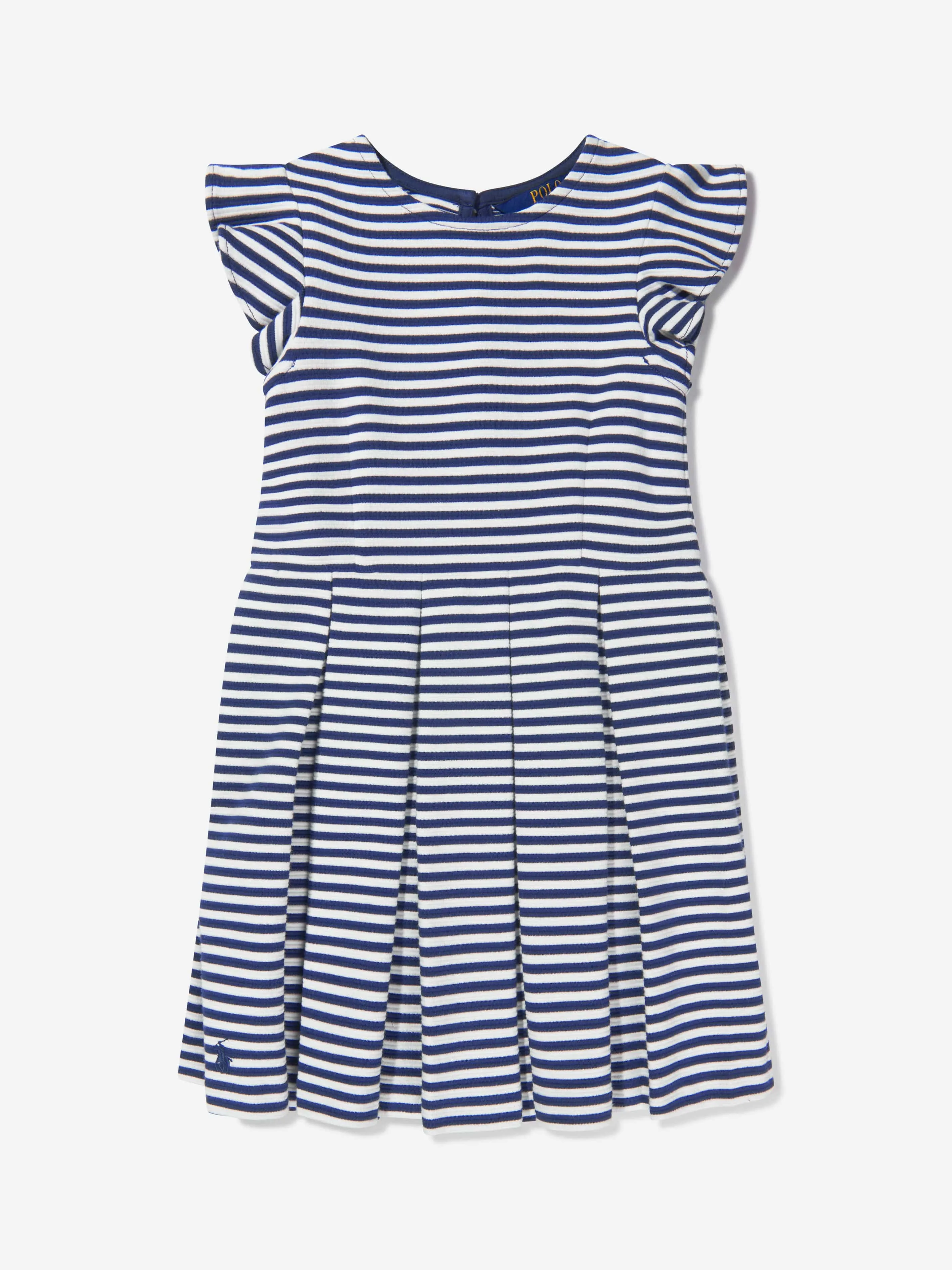 Ralph Lauren Girls Striped Ruffle Dress in Navy