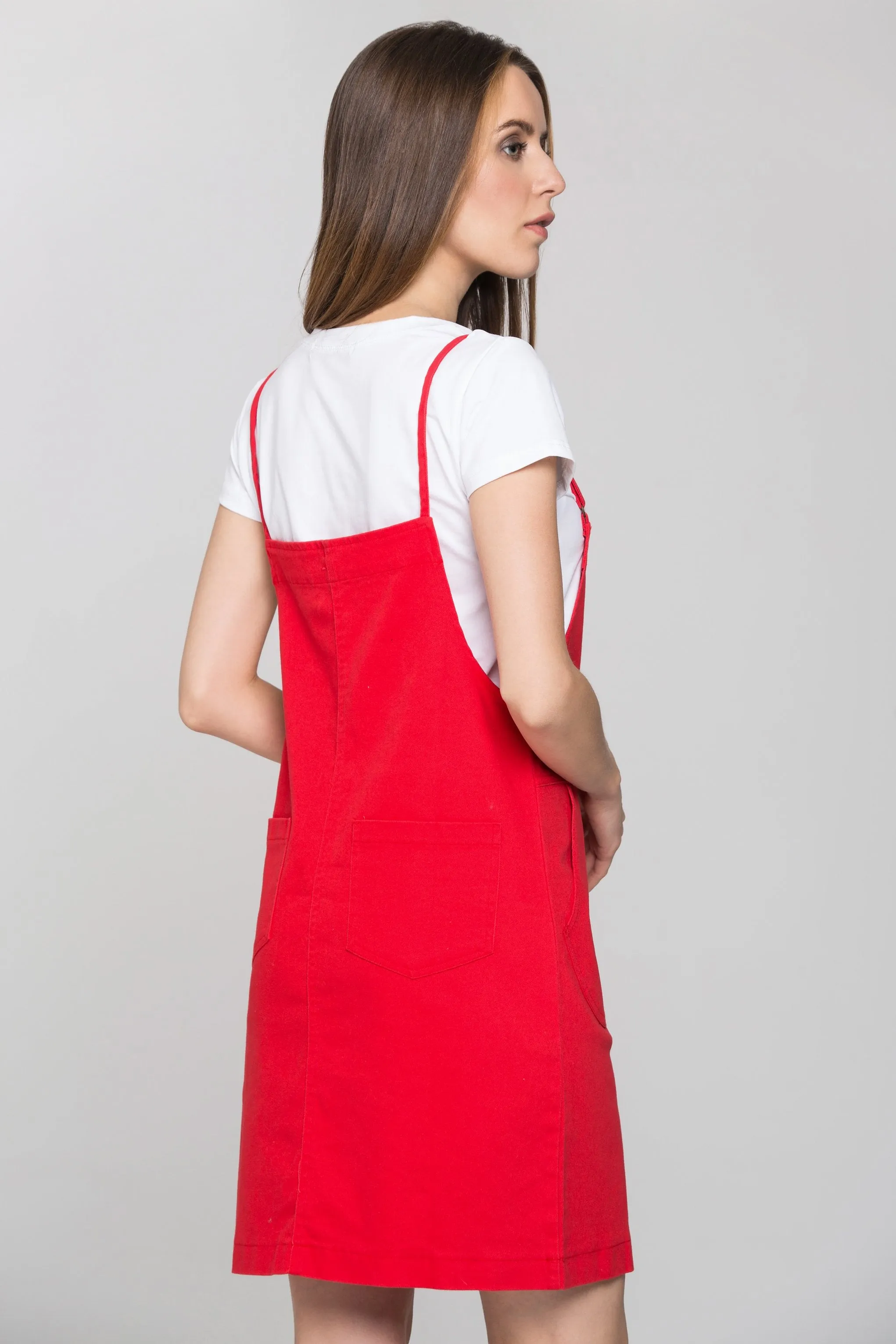 Red Denim White Shirt Pinafore Dress Set