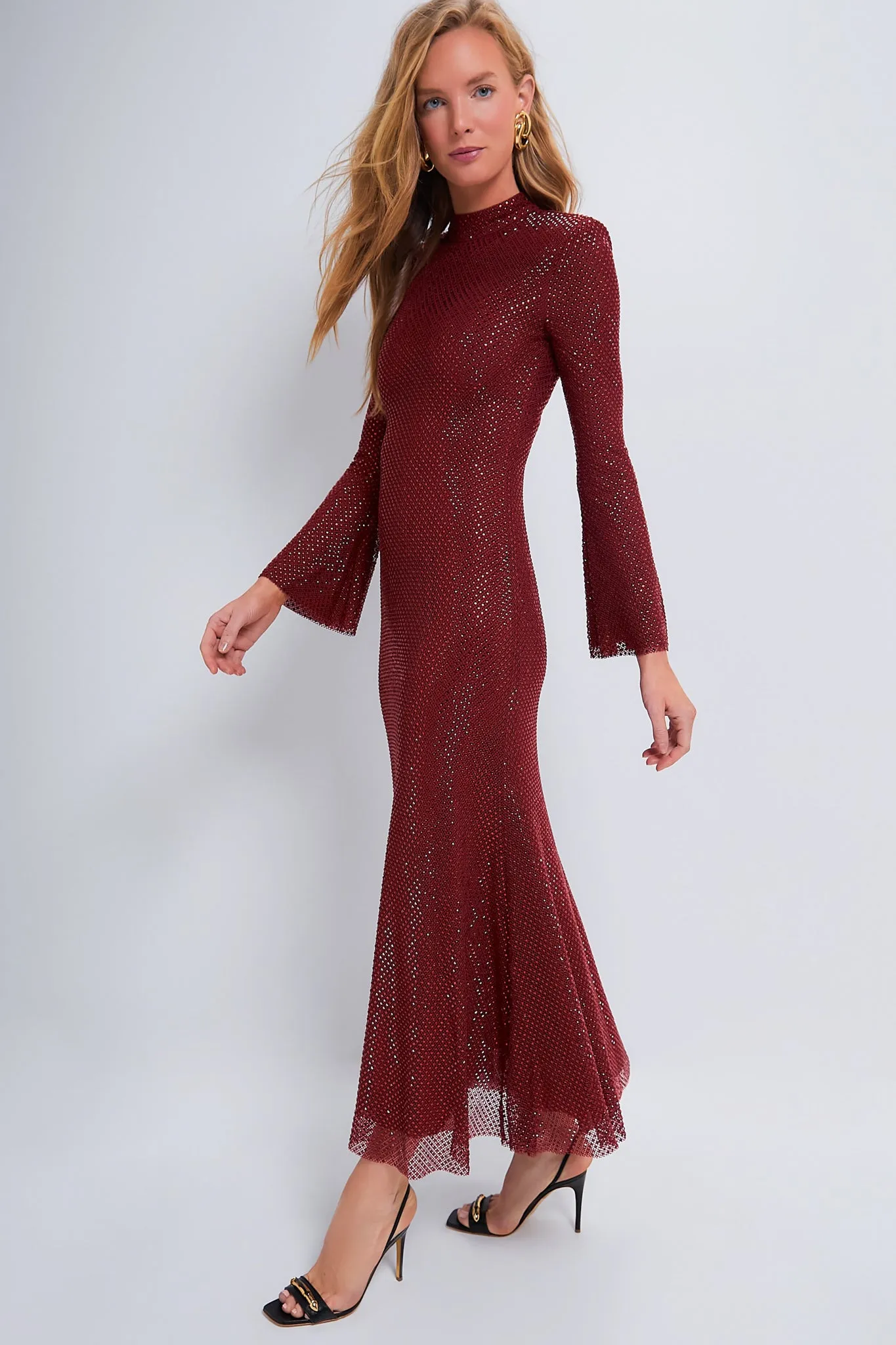 Red Rhinestone Fishnet Midi Dress