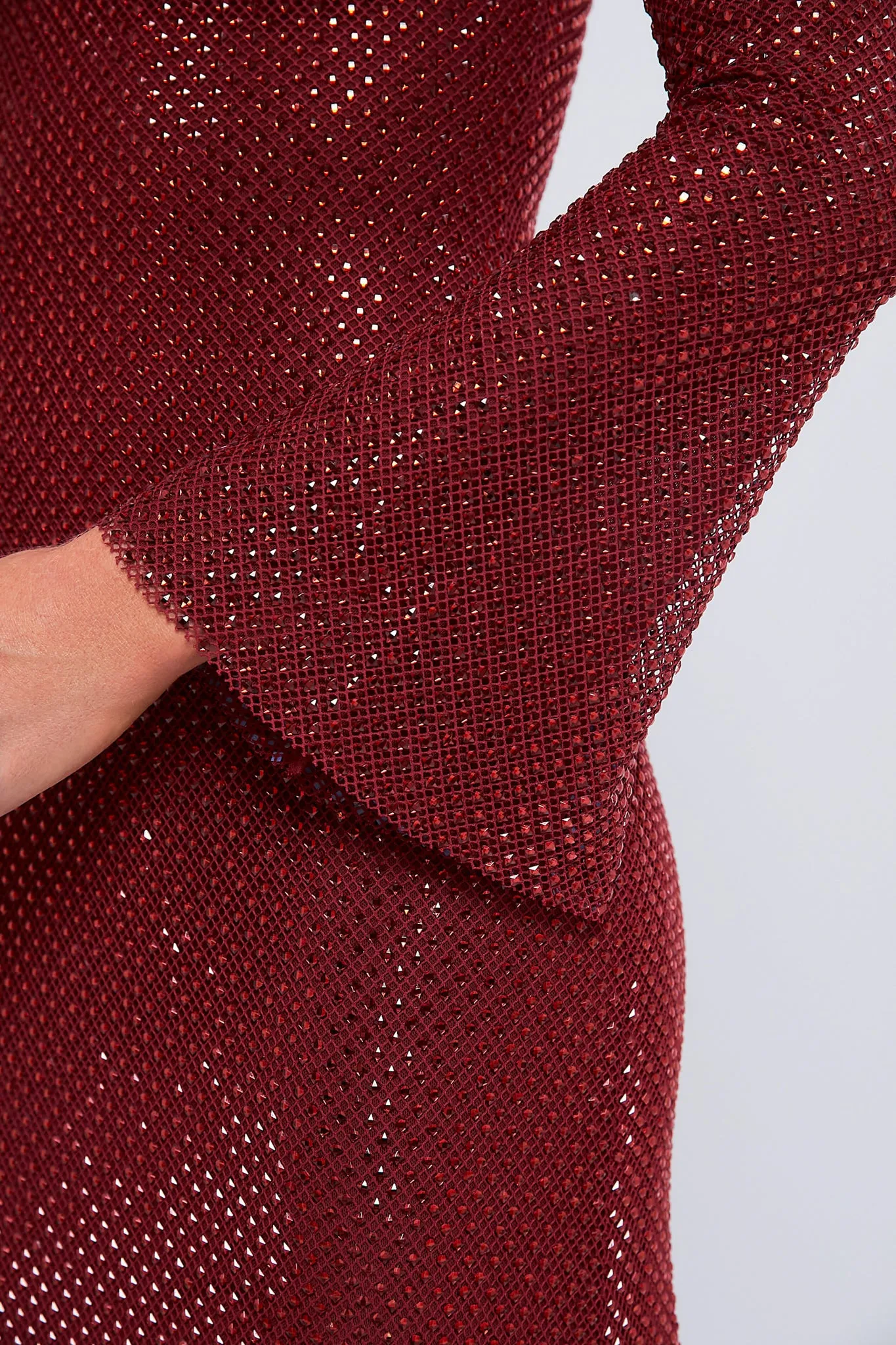 Red Rhinestone Fishnet Midi Dress