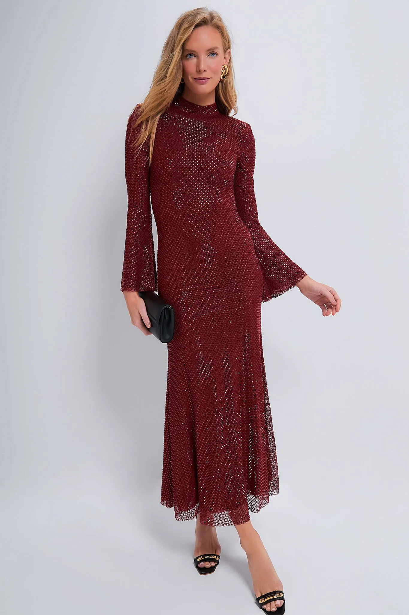Red Rhinestone Fishnet Midi Dress