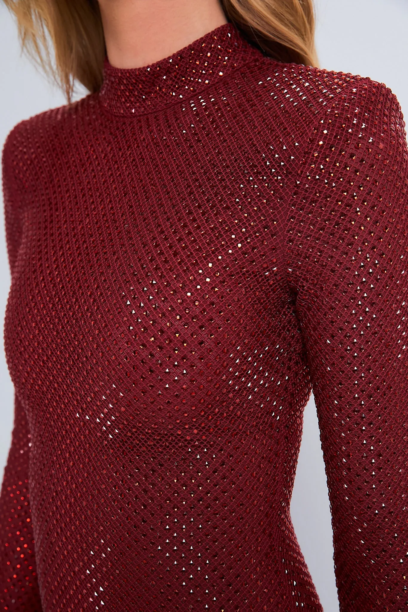Red Rhinestone Fishnet Midi Dress