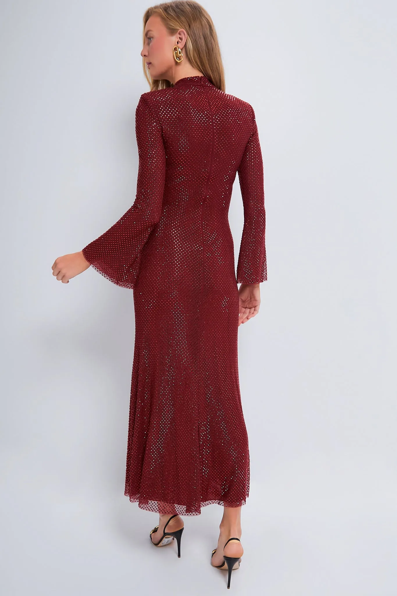 Red Rhinestone Fishnet Midi Dress