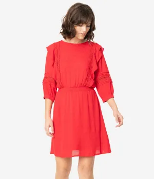 Red Three Quarter Sleeve Woven Dress