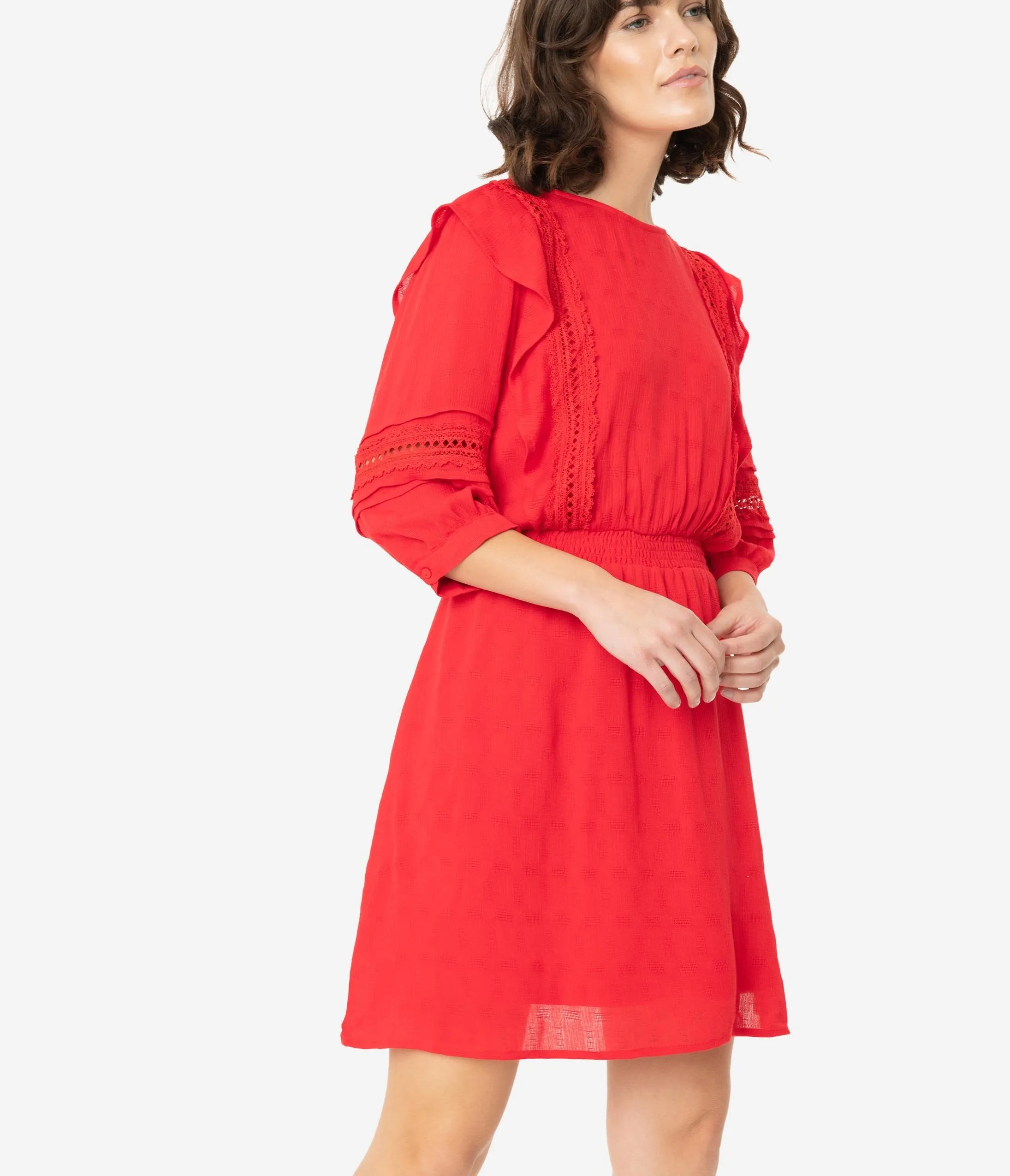 Red Three Quarter Sleeve Woven Dress