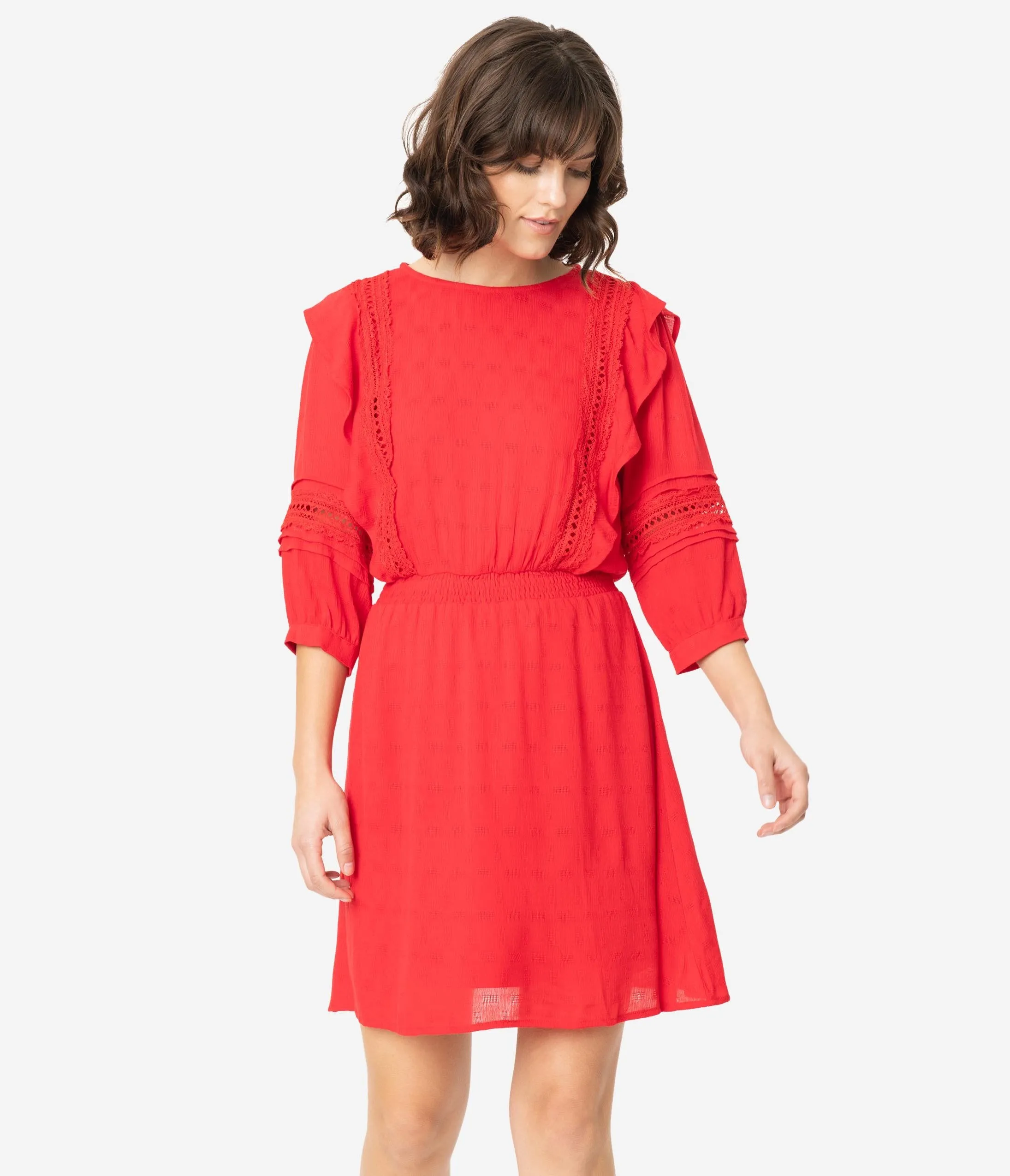 Red Three Quarter Sleeve Woven Dress