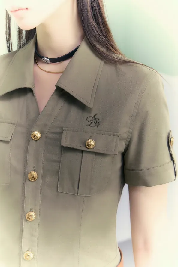 Safari-Style Utility Mini Dress: Olive Green Button-Down with Multi-Pocket Design and Logo Detail