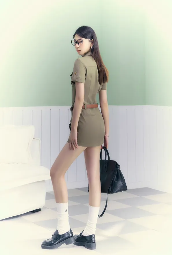 Safari-Style Utility Mini Dress: Olive Green Button-Down with Multi-Pocket Design and Logo Detail