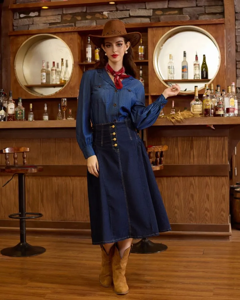 Seckill Offer⌛Vintage Jean Shirt Long Sleeve Lapel Collar V-Neck Button-up Tops
