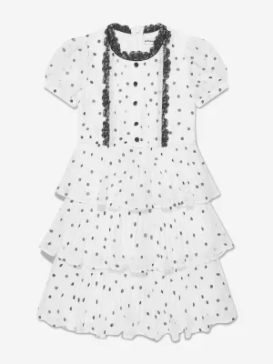 Self Portrait Girls Chiffon Polka Dot Tiered Dress in White