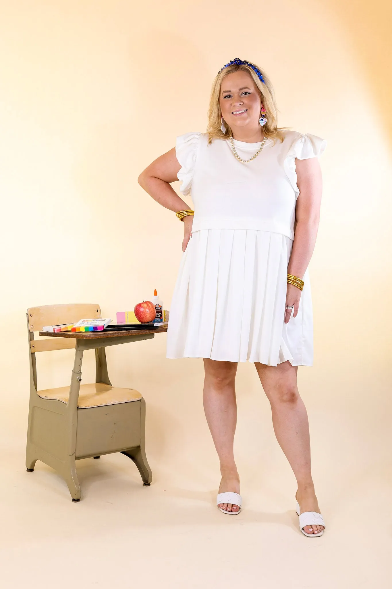 Simple Sophistication Solid Color Dress with Ruffle Cap Sleeves in Off White