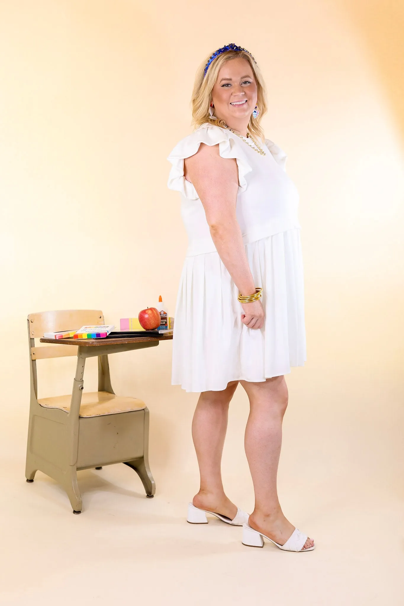 Simple Sophistication Solid Color Dress with Ruffle Cap Sleeves in Off White