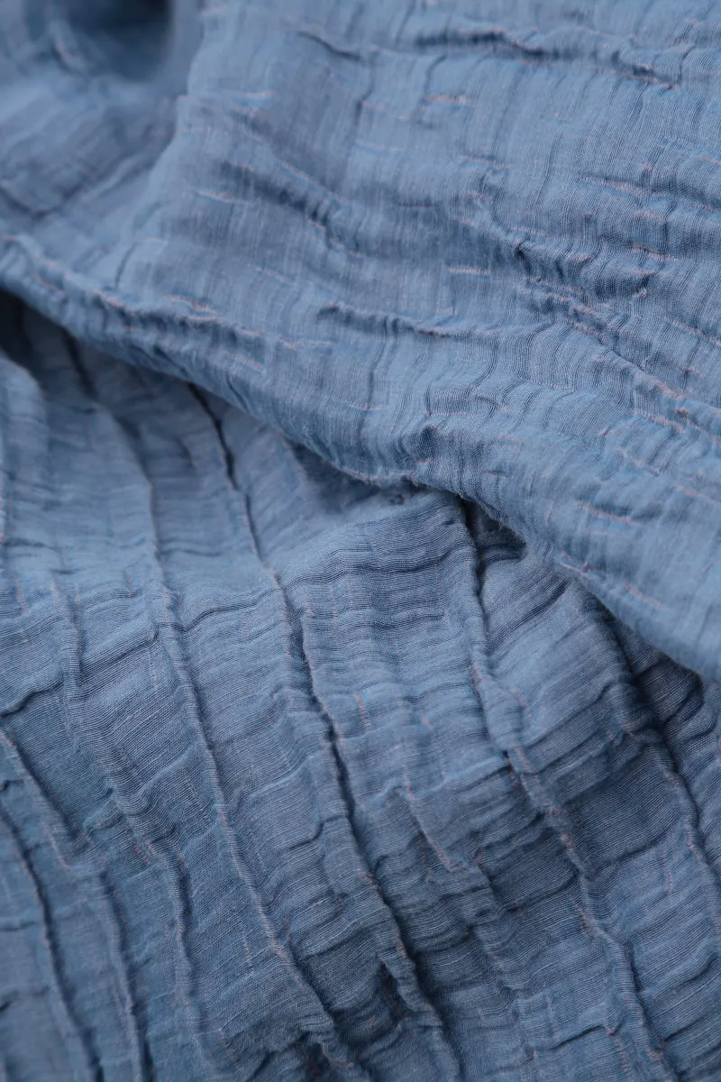 Sleeveless Balloon Crinkled Blue Nova Silk Linen Dress