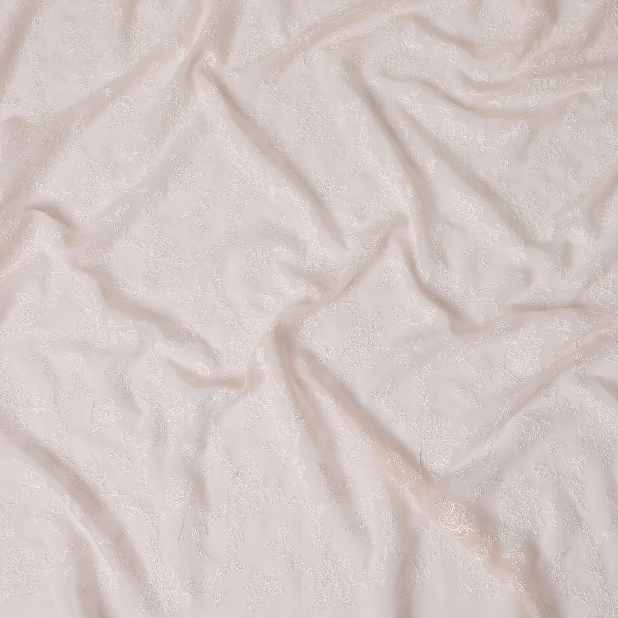 Soft Pink Floral Embroidered Georgette Fabric - 110 cm Width, Delicate & Sophisticated, Ideal for Apparel-D19149