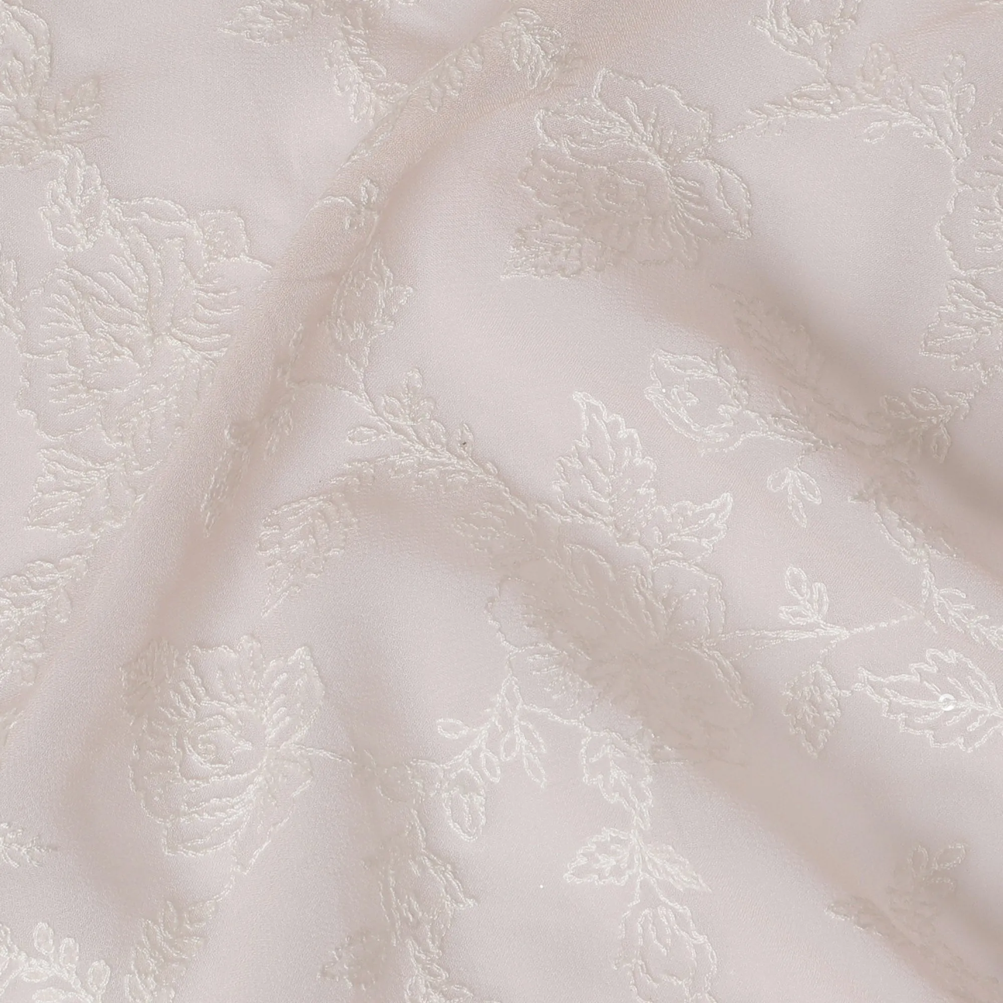 Soft Pink Floral Embroidered Georgette Fabric - 110 cm Width, Delicate & Sophisticated, Ideal for Apparel-D19149