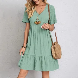 Summer V-Neck Mini Dress: Vintage Ruffle Solid Dresses - Chic Style Statement