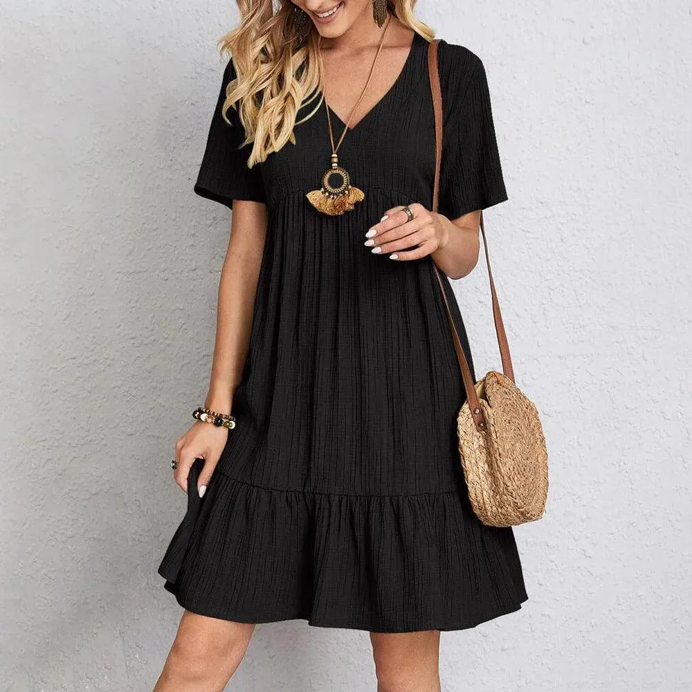 Summer V-Neck Mini Dress: Vintage Ruffle Solid Dresses - Chic Style Statement