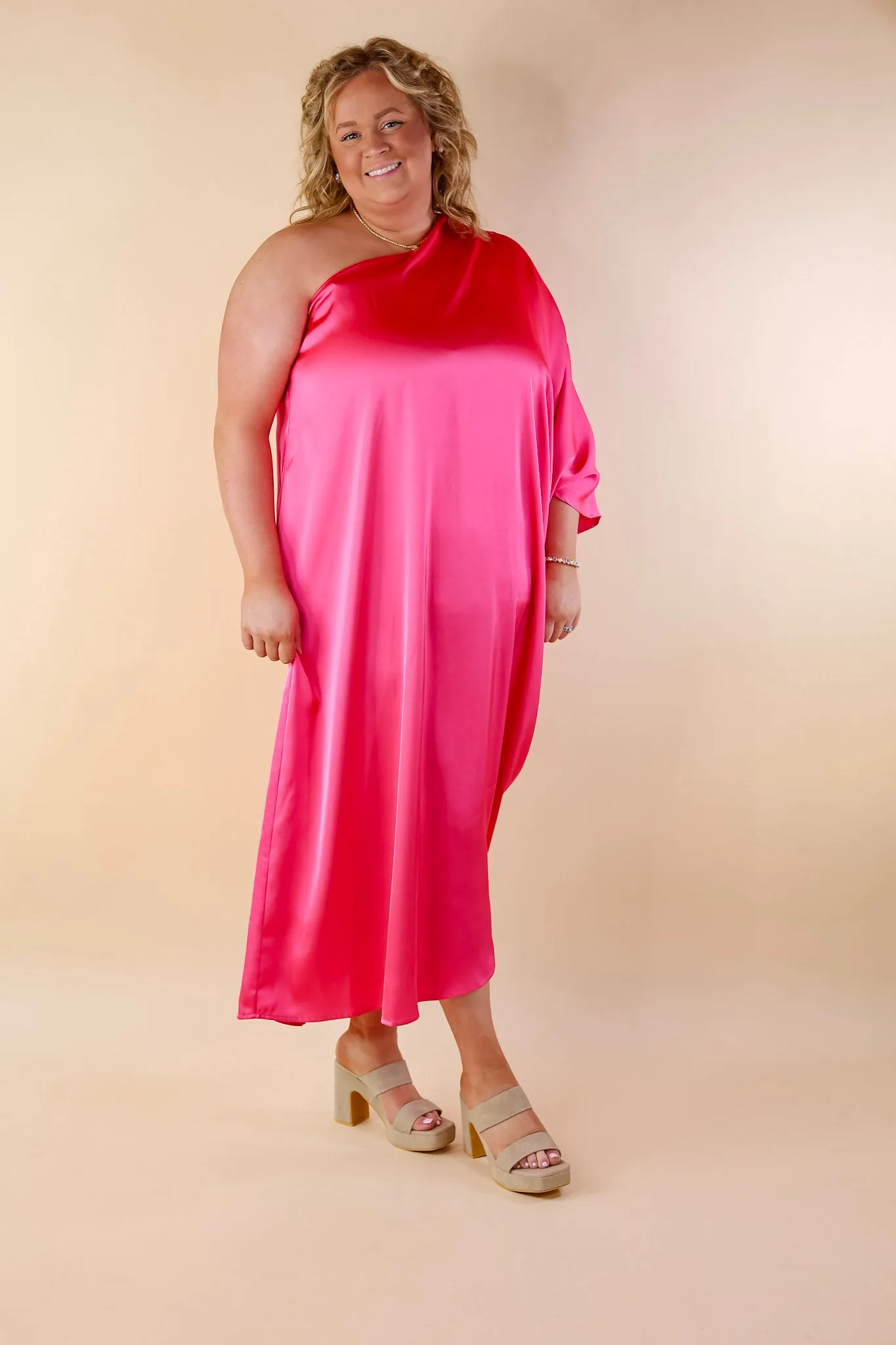 Sweet Romance One Shoulder Satin Drape Midi Dress in Hot Pink