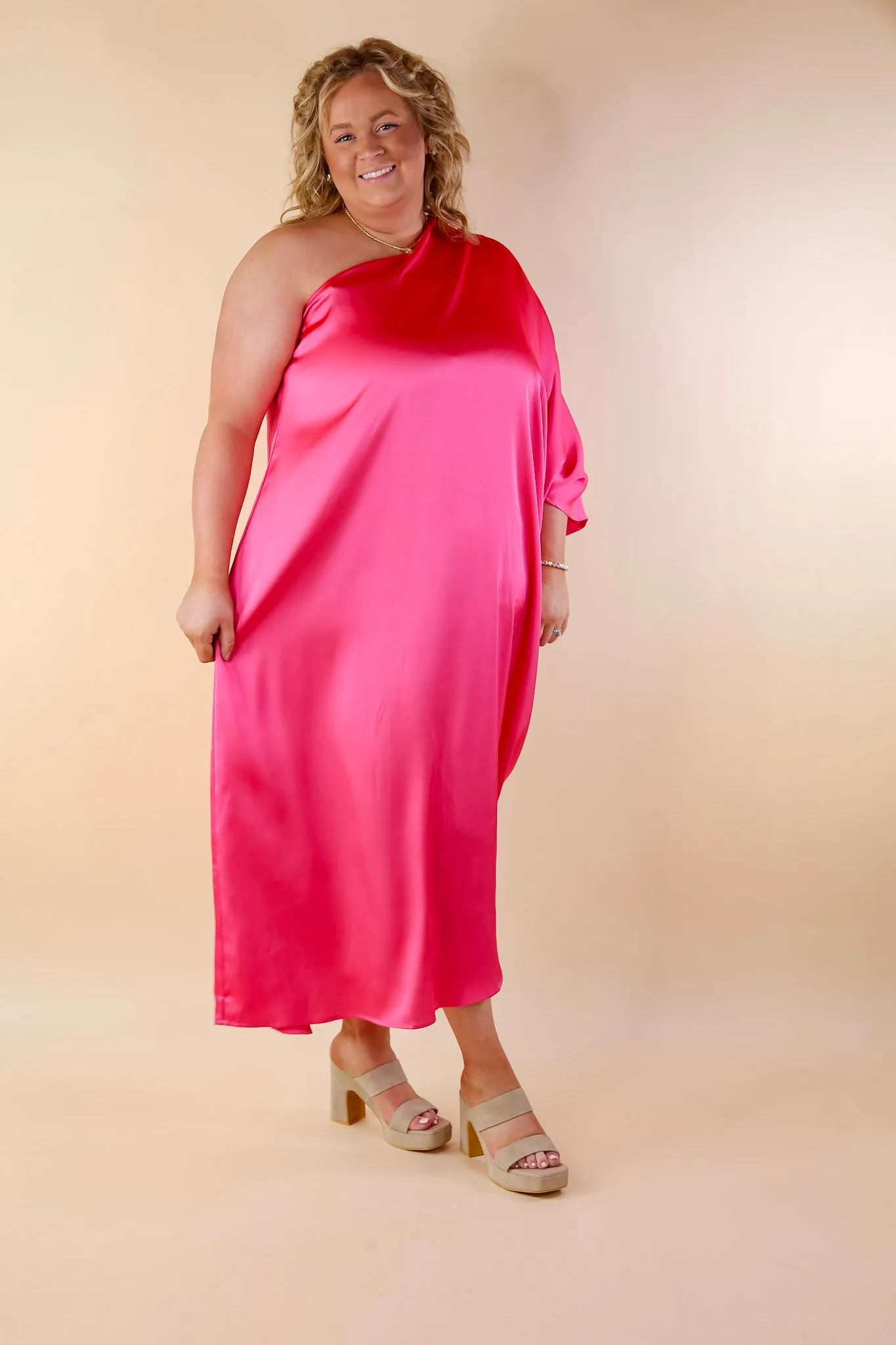 Sweet Romance One Shoulder Satin Drape Midi Dress in Hot Pink