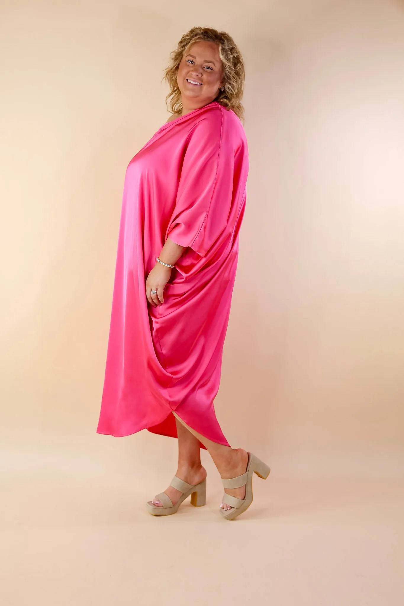Sweet Romance One Shoulder Satin Drape Midi Dress in Hot Pink