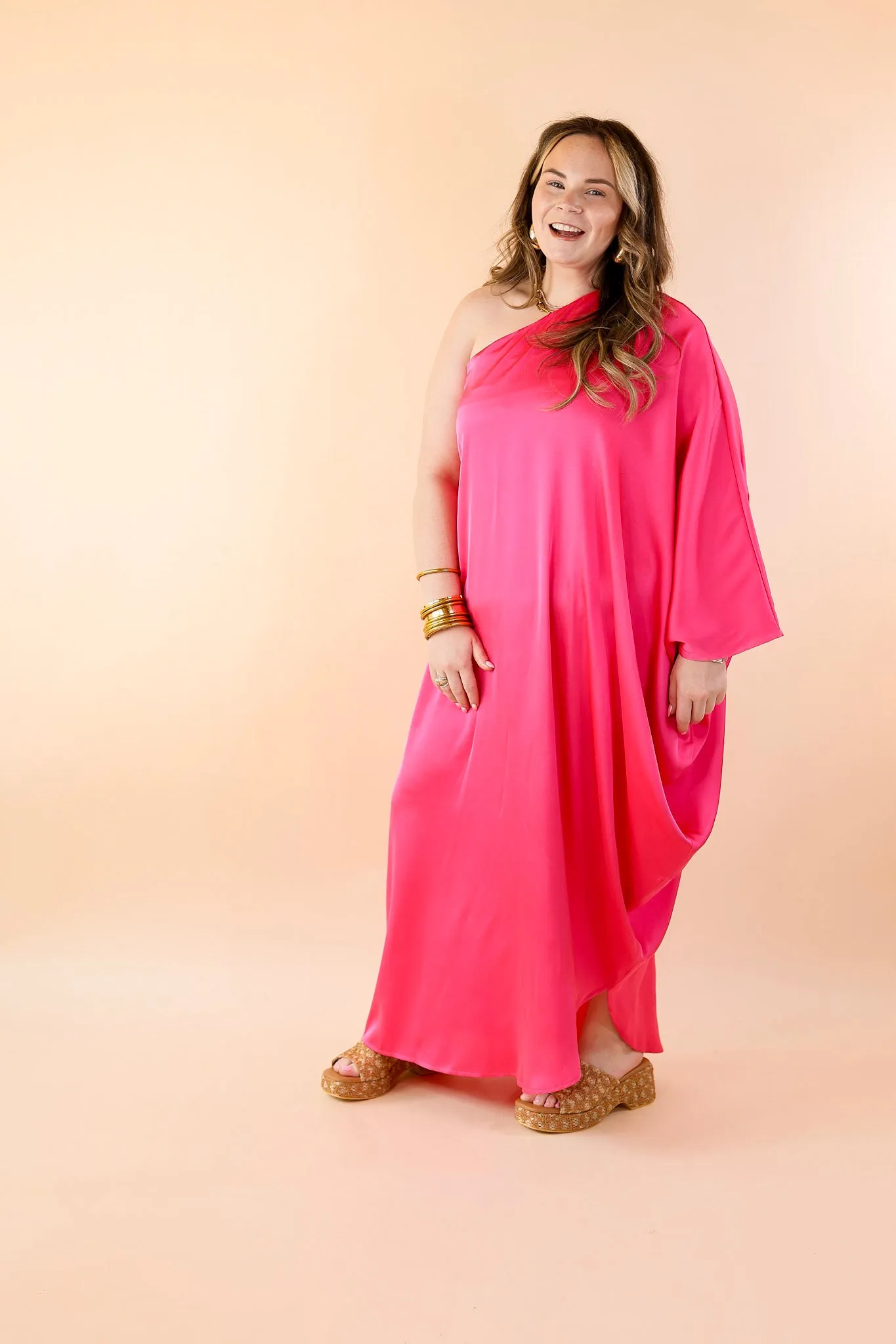 Sweet Romance One Shoulder Satin Drape Midi Dress in Hot Pink