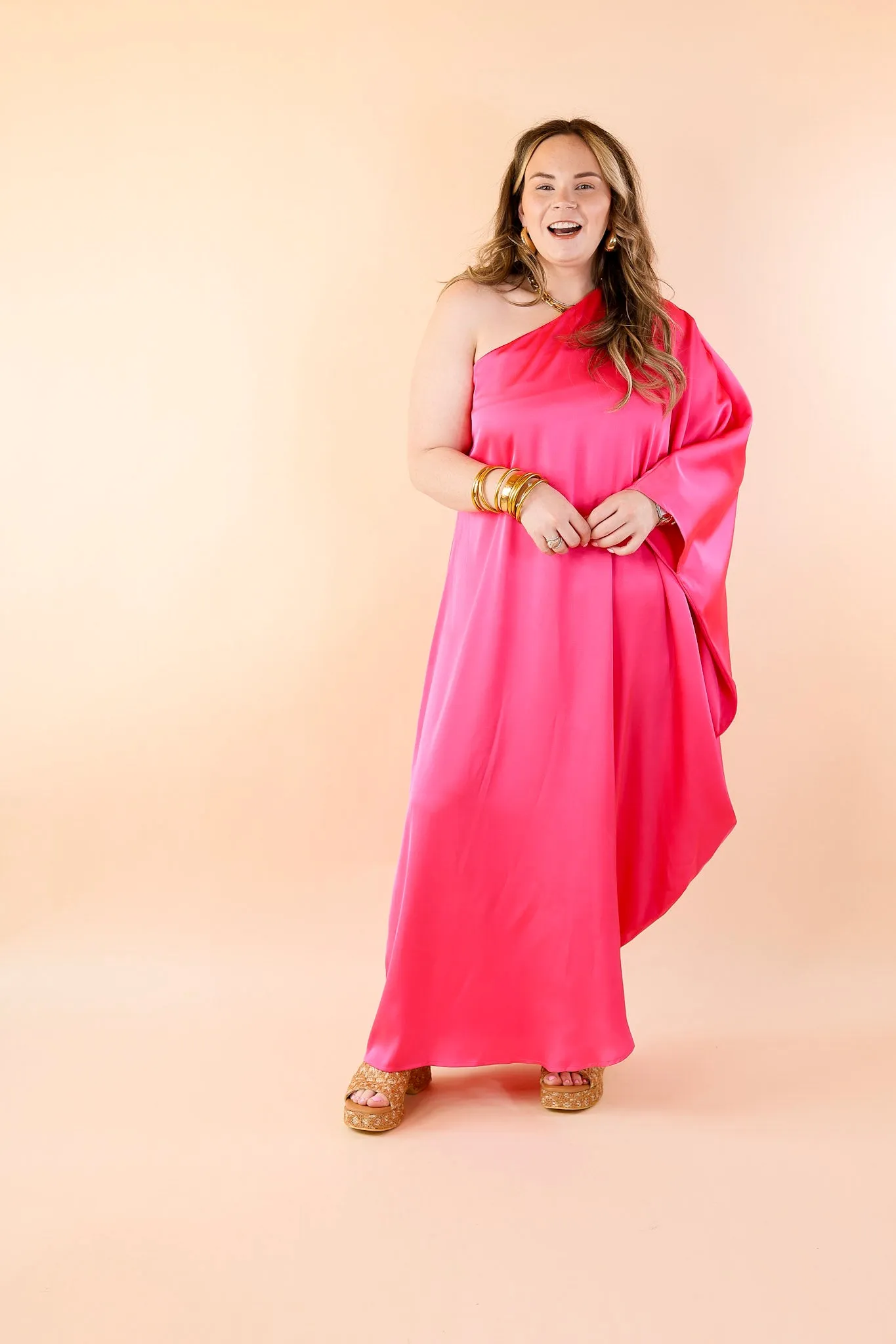 Sweet Romance One Shoulder Satin Drape Midi Dress in Hot Pink