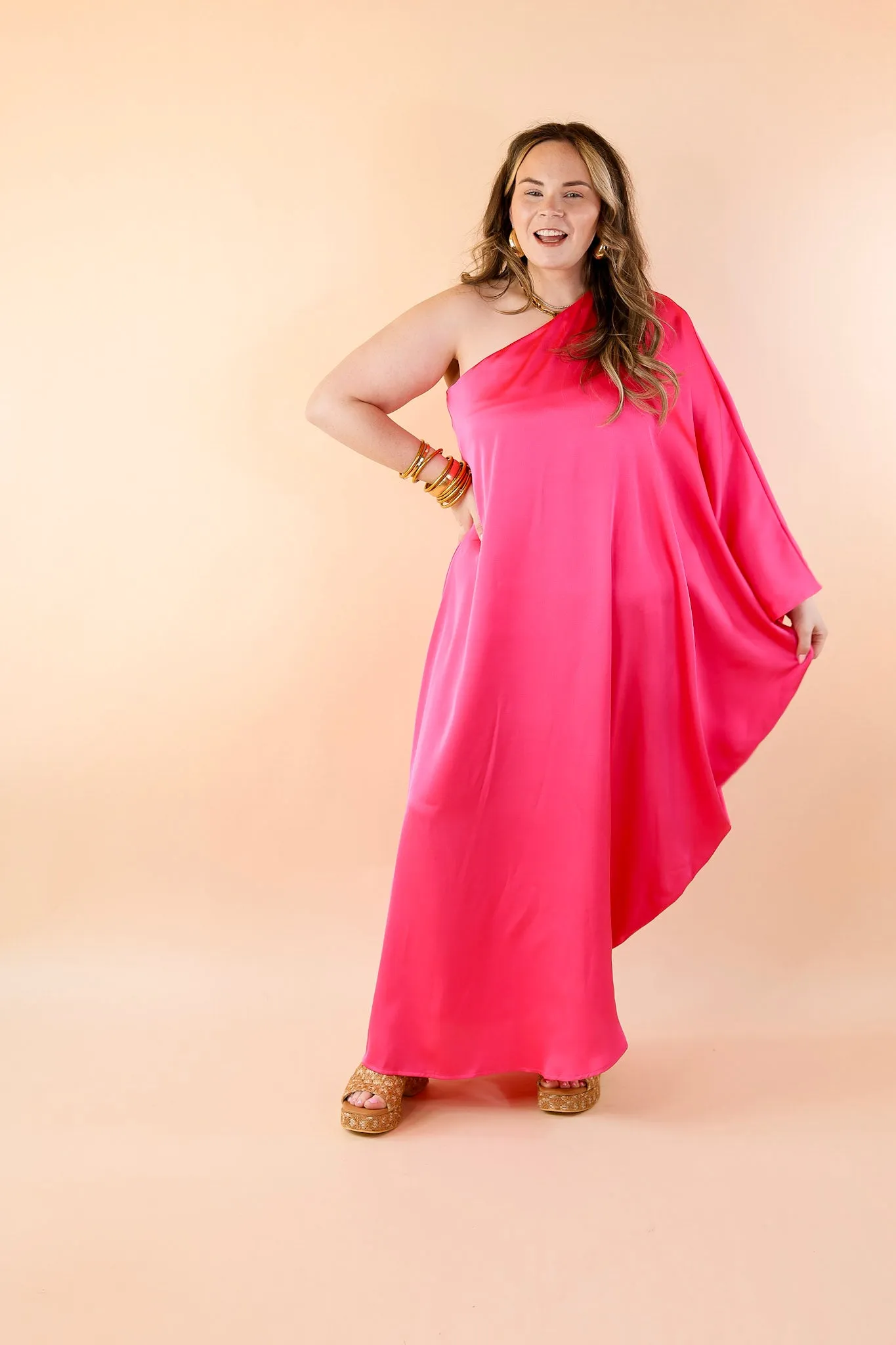 Sweet Romance One Shoulder Satin Drape Midi Dress in Hot Pink