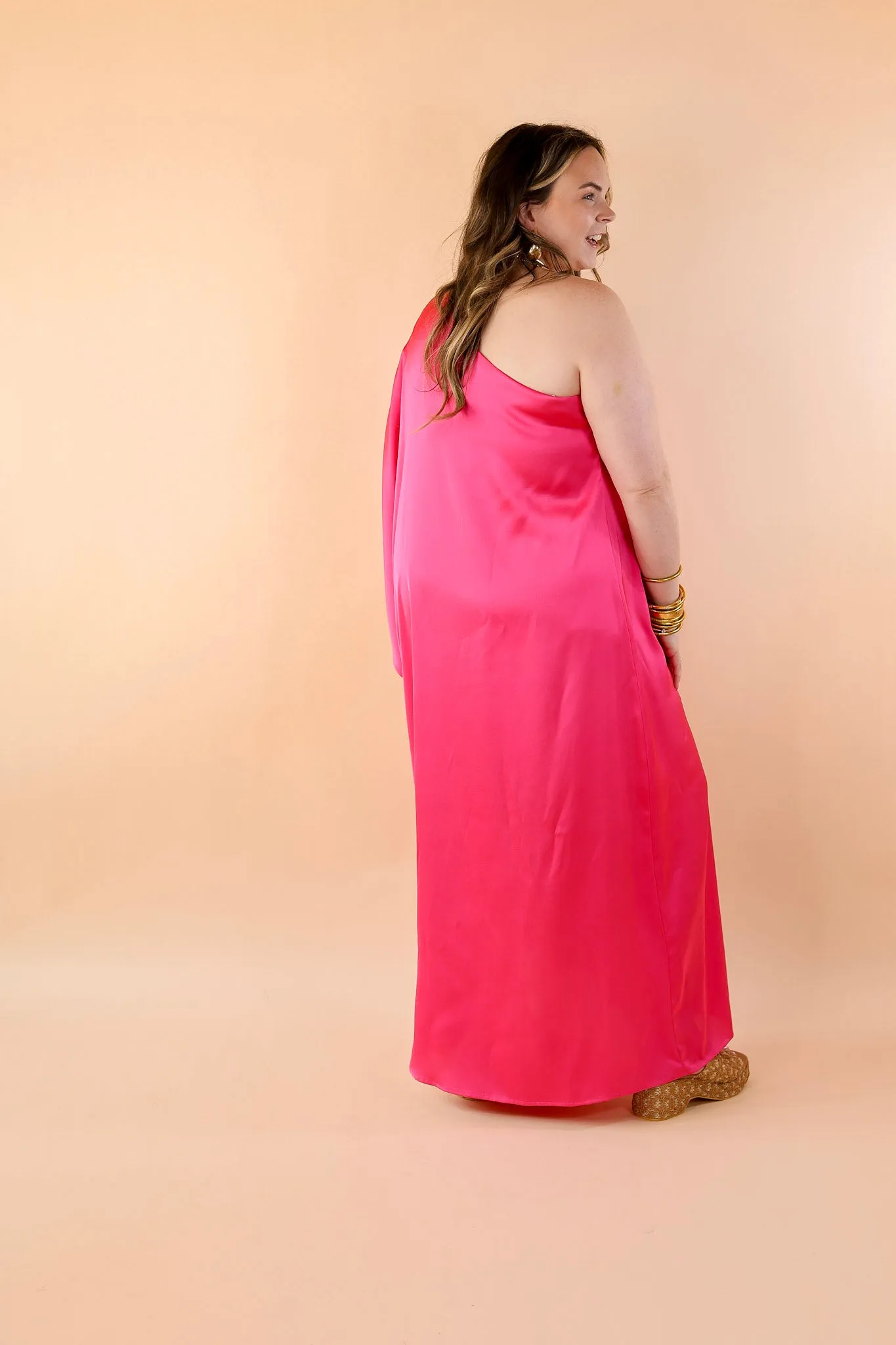 Sweet Romance One Shoulder Satin Drape Midi Dress in Hot Pink