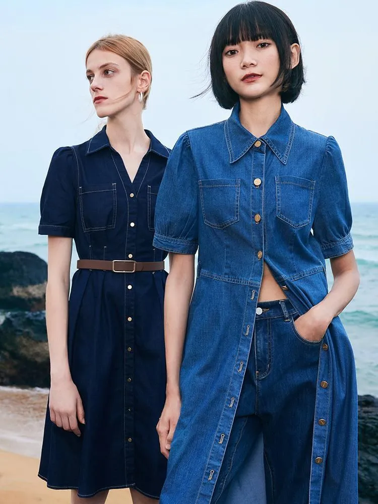 Tencel Denim Shirt Midi Collared Dress With Belt