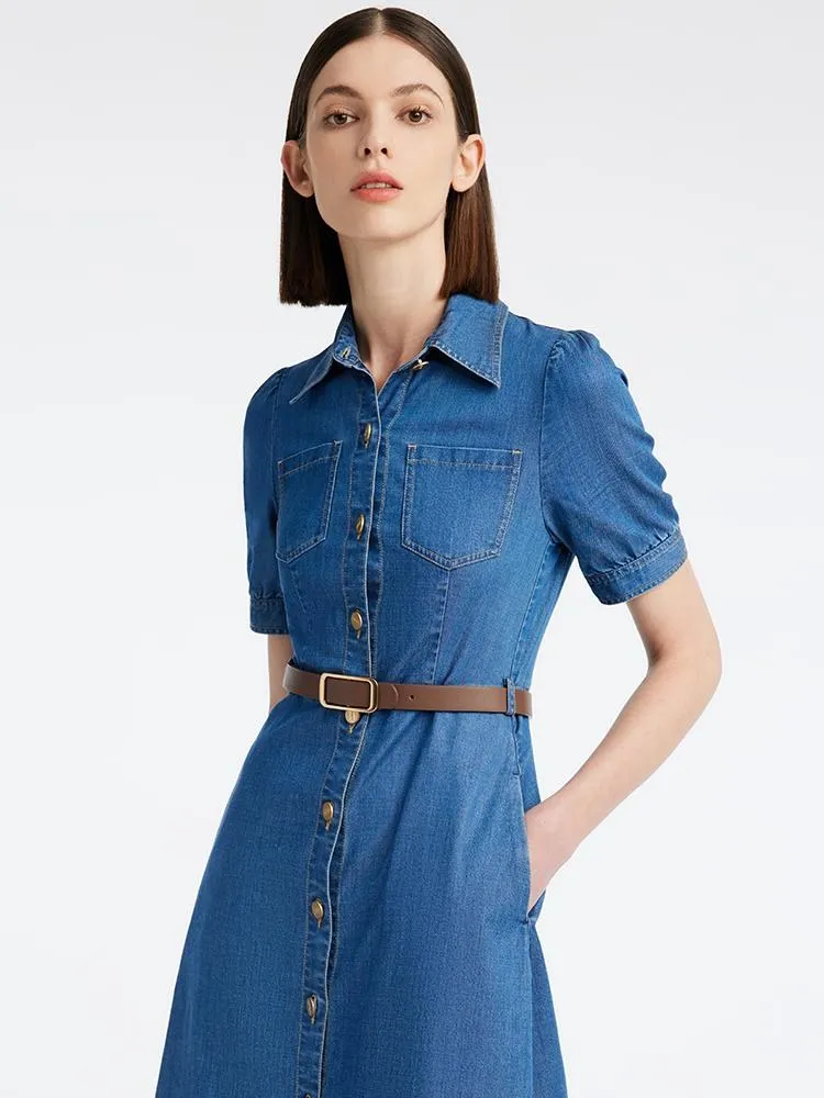 Tencel Denim Shirt Midi Collared Dress With Belt