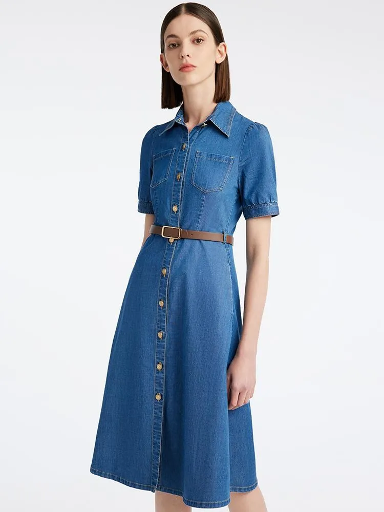 Tencel Denim Shirt Midi Collared Dress With Belt