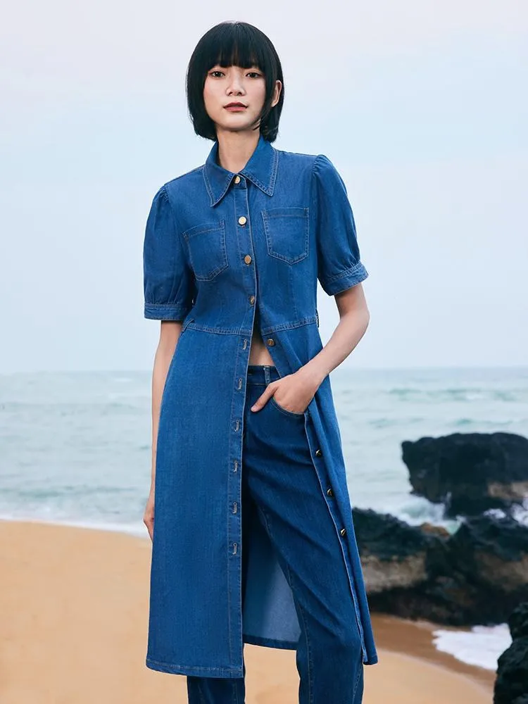 Tencel Denim Shirt Midi Collared Dress With Belt