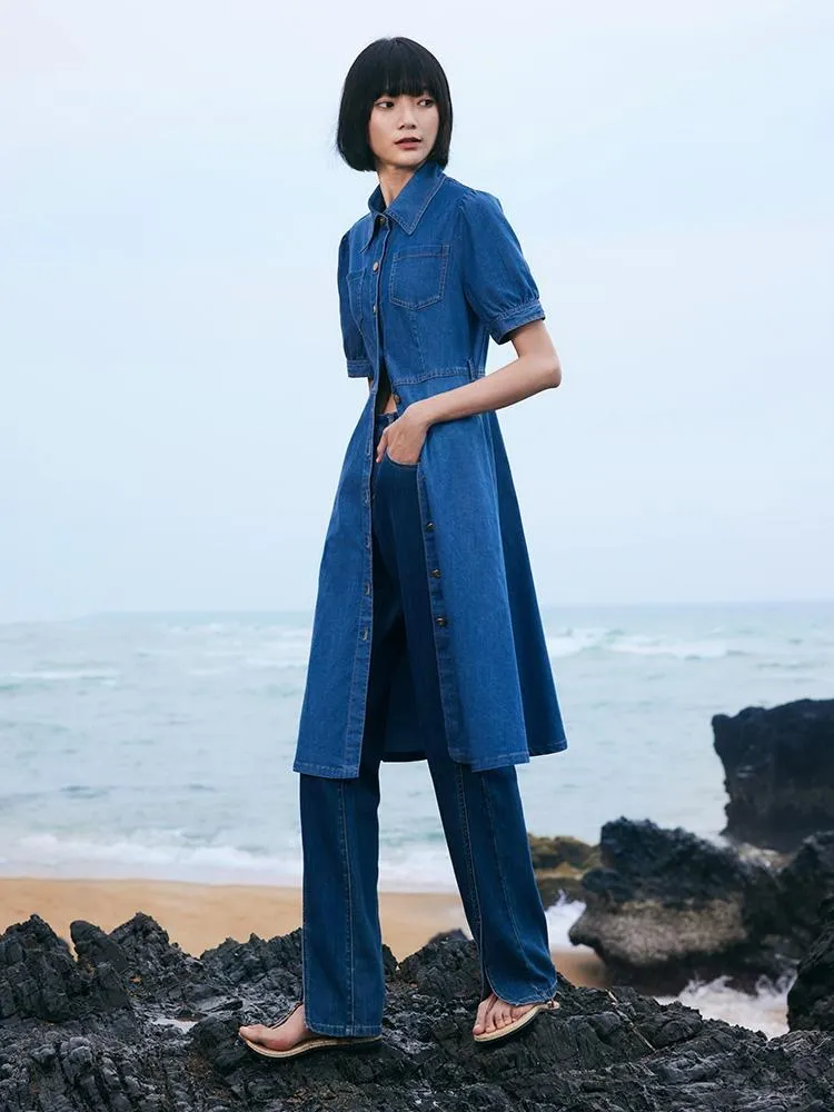 Tencel Denim Shirt Midi Collared Dress With Belt