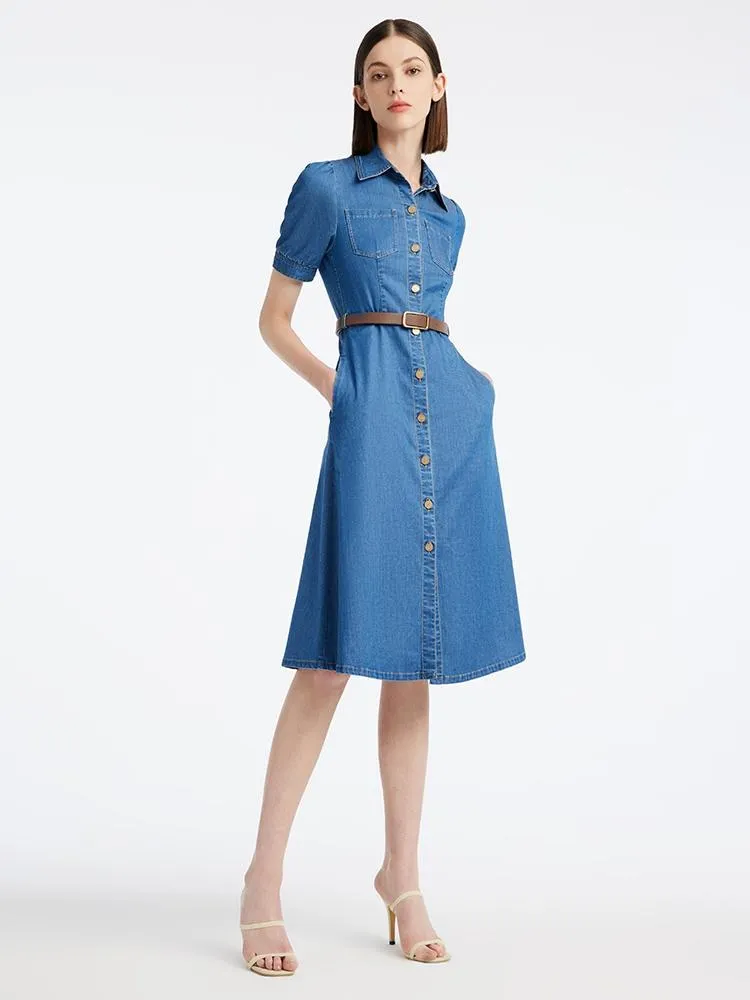 Tencel Denim Shirt Midi Collared Dress With Belt