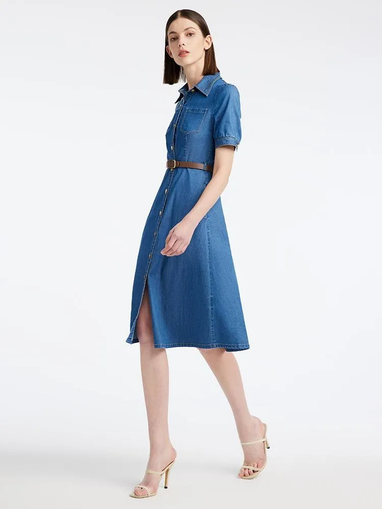 Tencel Denim Shirt Midi Collared Dress With Belt