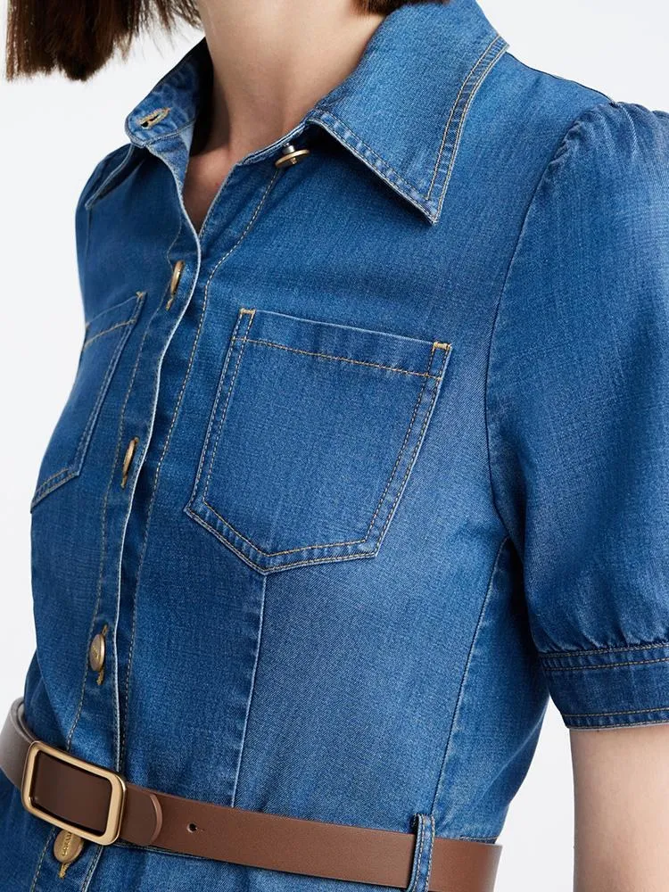 Tencel Denim Shirt Midi Collared Dress With Belt