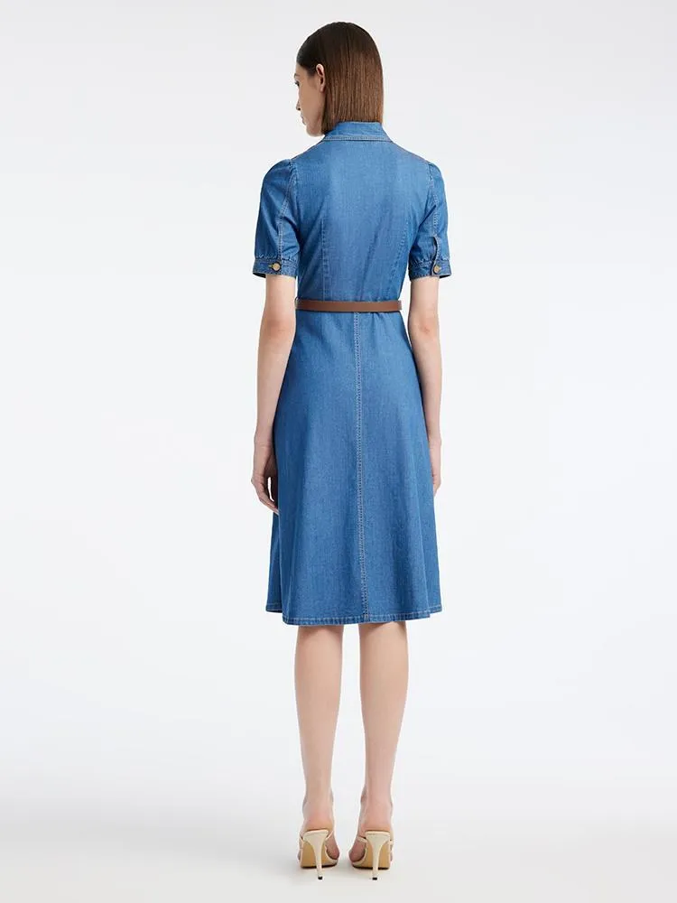Tencel Denim Shirt Midi Collared Dress With Belt