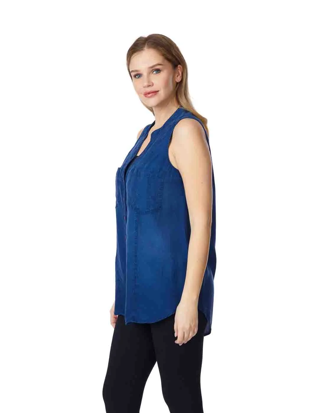 Tianello "Winston" Light Weight TENCEL™ Denim Chambray, Sleeveless "Savoir" Blouse