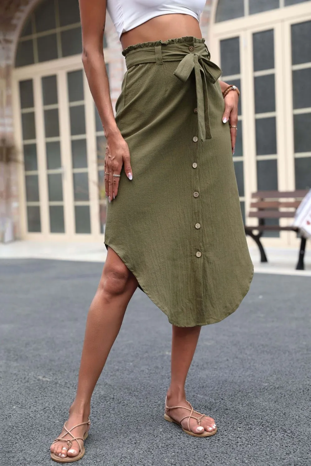 Tie Belt Frill Trim Buttoned Skirt- 2 Colors