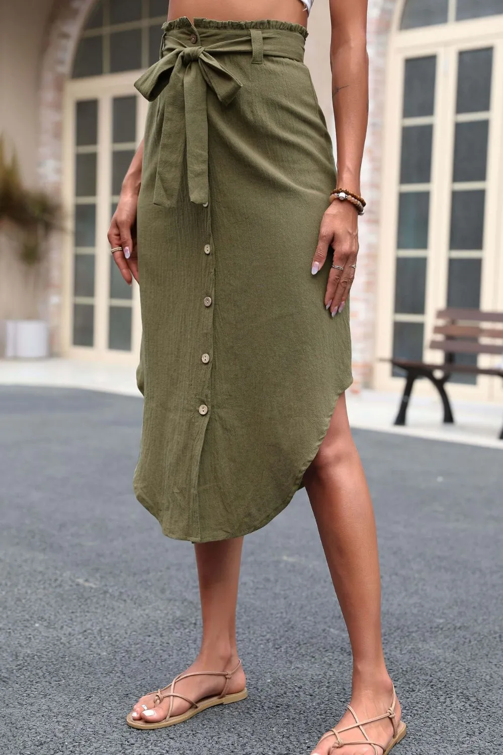 Tie Belt Frill Trim Buttoned Skirt- 2 Colors