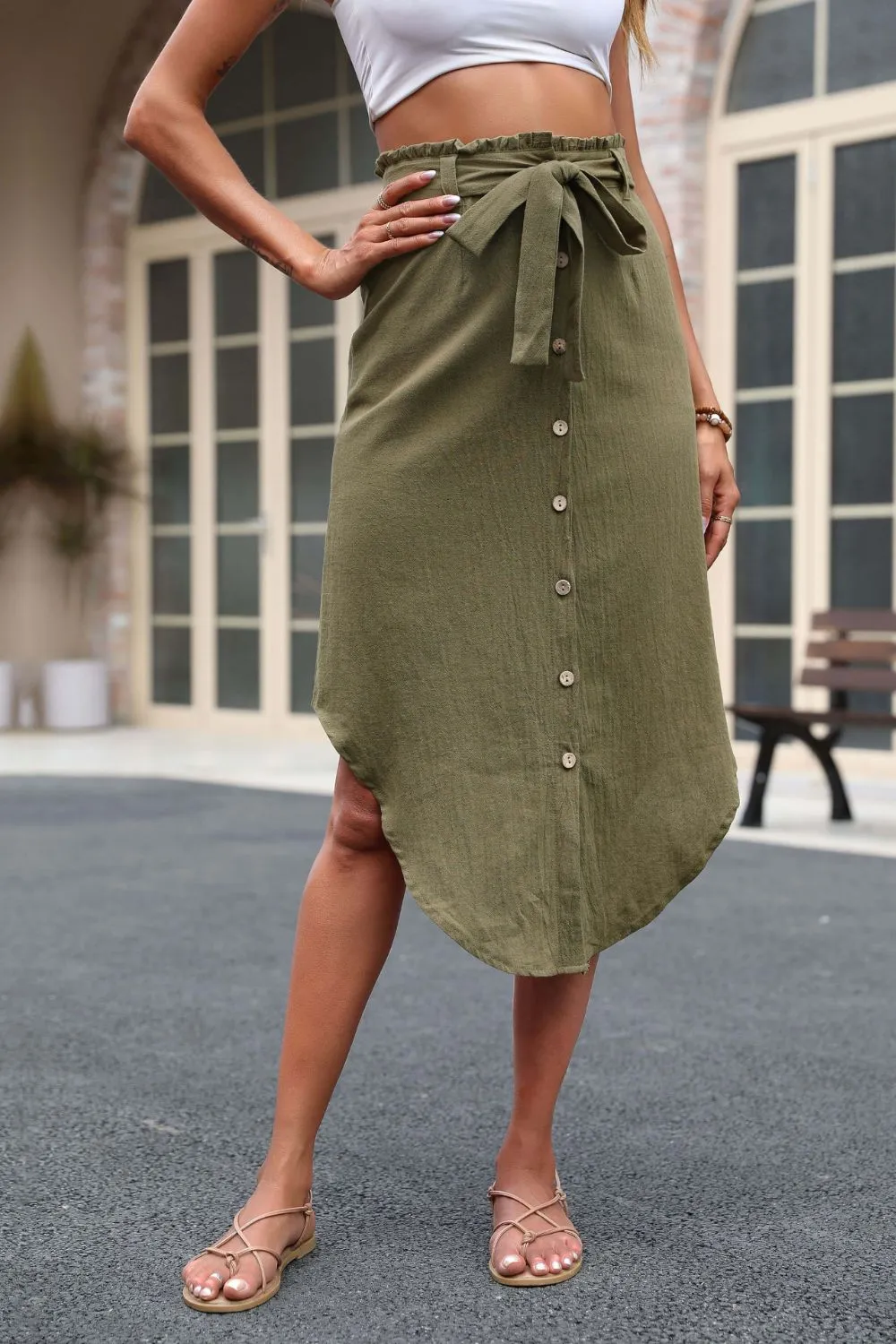 Tie Belt Frill Trim Buttoned Skirt- 2 Colors