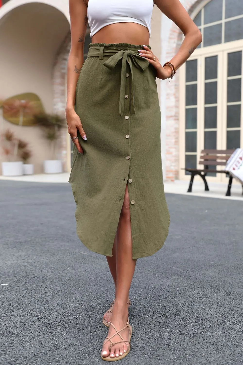 Tie Belt Frill Trim Buttoned Skirt- 2 Colors