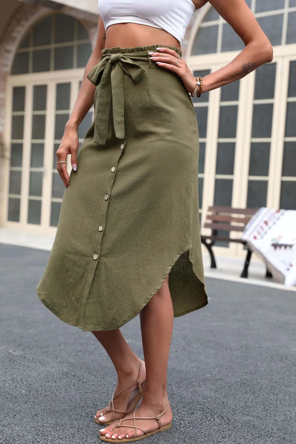 Tie Belt Frill Trim Buttoned Skirt- 2 Colors