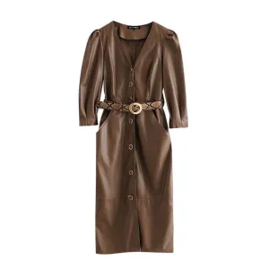 VEGAN LEATHER MIDI DRESS WITH BELT
