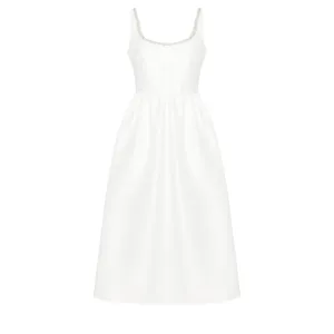 White Taffeta Diamante Midi Dress